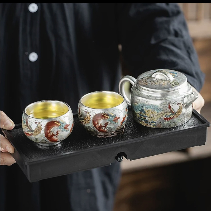 Silver Teapot 999 Pure Silver Tea Pot Pure Silver Teapot Zhou Hongjie Gilt Silver Tea Set Dragon and Phoenix Silver Cup Pure Silver Tea Set Silver Teapot 999 Pure Silver Tea Pot Pure Silver Teapot Zhou Hongjie Gilt Silver Tea Set Dragon and Phoenix Silver Cup Pure Silver Tea Set