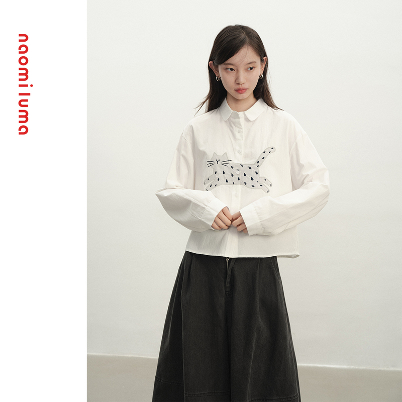 Naomi Luma's "Rain Alley Cat Footprints" Niche Original Design Top with Raindrop Patch Cat Pattern Long-Sleeve Shirt