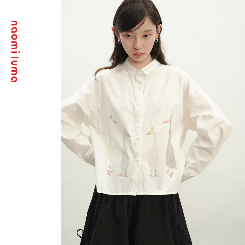 Naomi Luma's "Fengting Goose Language" Childlike and Quirky Goose Shirt, Loose Casual Artistic Long-Sleeved Top