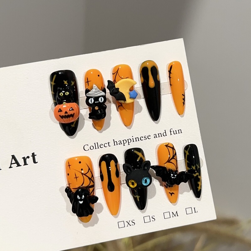 Purely Handmade Wearable Nails, High-End Autumn and Winter Orange Nail Art Pieces, Halloween Pumpkin Bat Fake Nail Patches