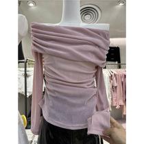 One-shoulder velvet pile collar niche design slimming long-sleeved top 2023 early autumn new Korean style T-shirt