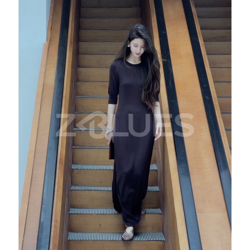 Zblues【Fated】Black Minimalist Knit Long Dress with Side Slit in Mulberry Silk and Tencel Blend