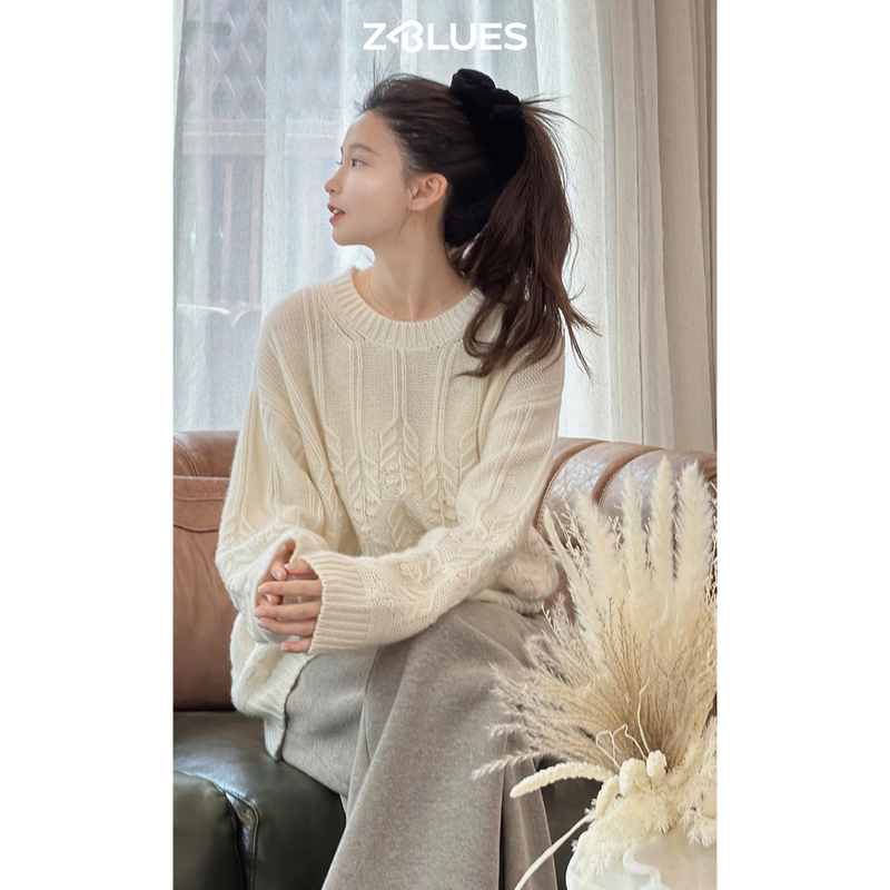 Zblues【Wheat Ear Cashmere】Goat Cashmere Blend Embossed Fine Shimmer White Knit Sweater Autumn and Winter Gentle Style Sweater Zblues【Wheat Ear Cashmere】Goat Cashmere Blend Embossed Fine Shimmer White Knit Sweater Autumn and Winter Gentle Style Sweater