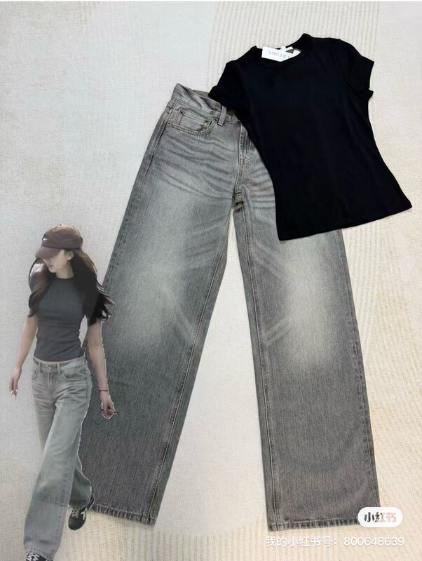 F 2026 Spring/Summer Japanese Fabric, Medium Gray Denim Texture, Washed with Hand-Distressed Whiskers, Loose Straight-Leg Jeans.