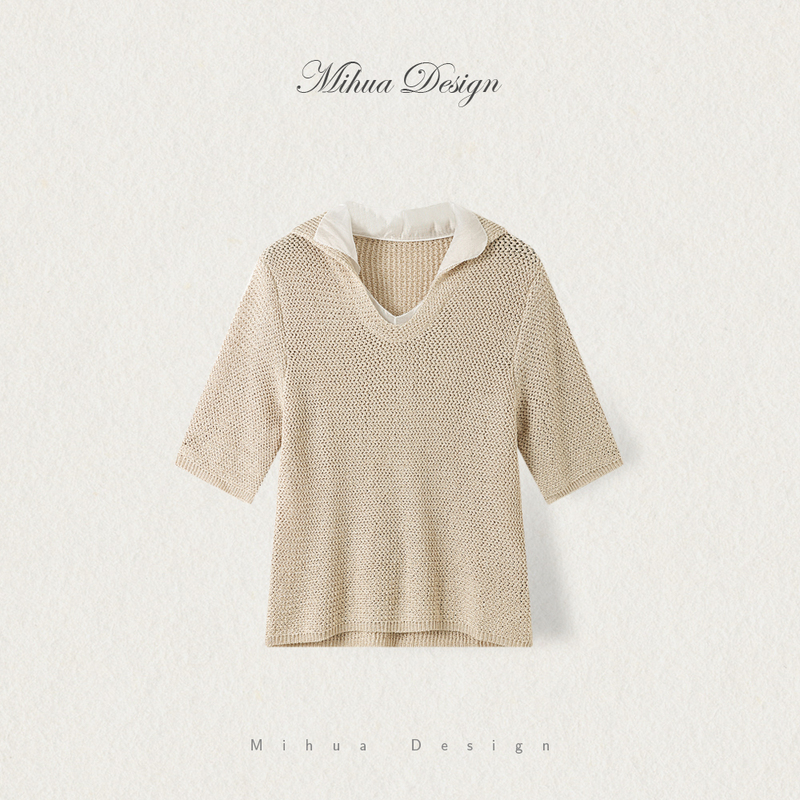 【Mia】Fake Two-Piece Design Seagull Collar Imported Gold Thread Ultra-Soft Paper Yarn Short-Sleeved Knit Top