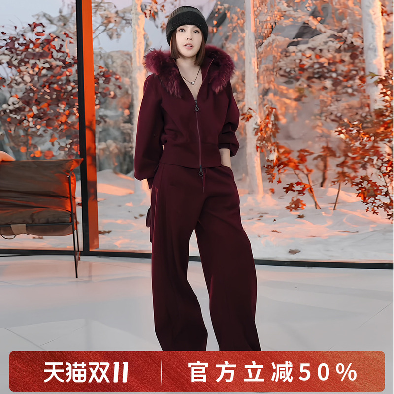 Rongrong [Cherry Set] Rong Wool Tencel Modal Luxurious Warm Raccoon Fur Collar Set Rr25837