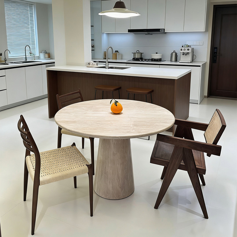 French-Style Vintage Natural Travertine Round Dining Table for Living Room, Suitable for Small Apartments, Luxurious Stone Marble Dining Table, Simple Design French-Style Vintage Natural Travertine Round Dining Table for Living Room, Suitable for Small Apartments, Luxurious Stone Marble Dining Table, Simple Design