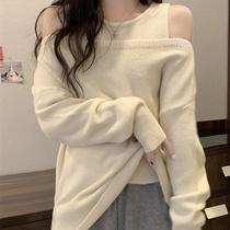 Designed with lazy style loose off-shoulder long-sleeved sweater knitted vest for women autumn 2024 new fashion two-piece set