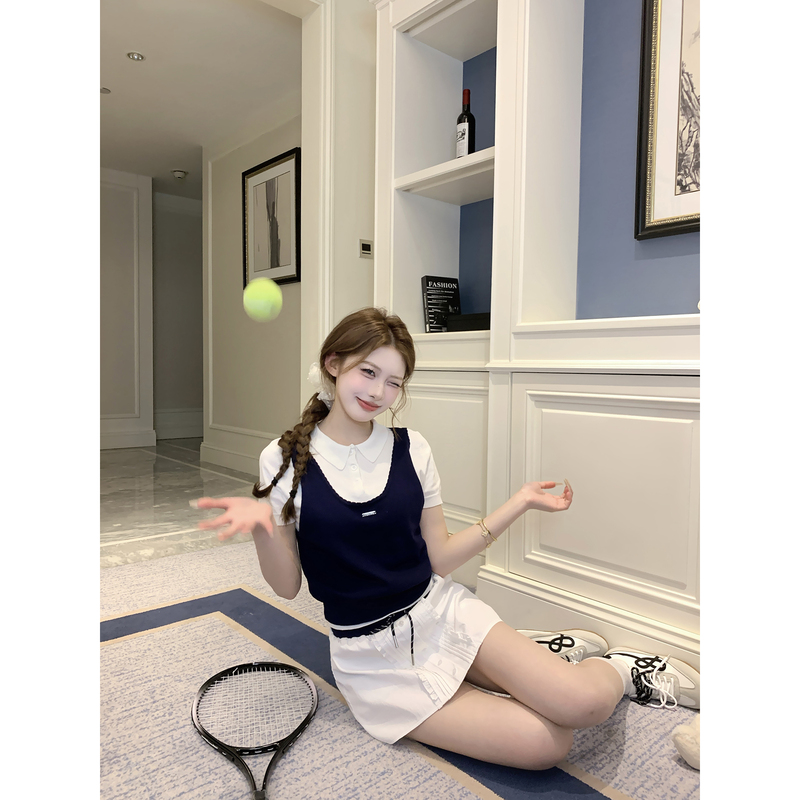 Mochi【Summer Handmade】College Style Jk Uniform Set for Women, Summer Vacation Two-Piece Knitted T-Shirt and Skirt