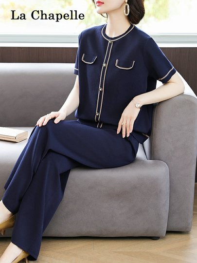 拉夏贝尔妈妈装冰丝套装女短袖2025夏装新款中老年时尚女装两件套