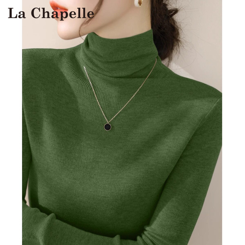 La Chapelle Green Turtleneck Knit Sweater for Women, Autumn/Winter 2026 New Style, Base Layer, Stacked Collar, Slim Fit Top
