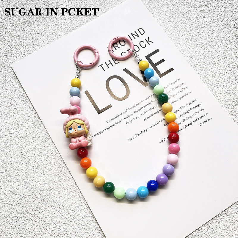 Pop Mart Cute Particle DIY Original Beaded Mobile Phone Chain Short Wrist Chain Macaron Candy Bean Mobile Phone Charm