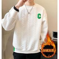 Velvet thickened high-end Hong Kong style twist striped white sweatshirt mens ins casual mens autumn and winter round neck top