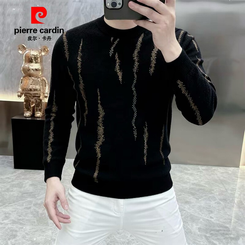 Pierre Cardin Round-Neck Knit Sweater for Men, 2026 Autumn and Winter Luxury Style, Thickened Warm Base Layer Sweater