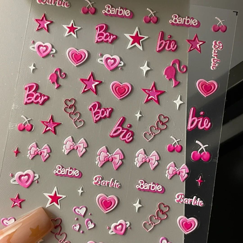 Popular Embossed Nail Stickers, Three-Dimensional Girly Cute Pink Barbie Nails, Smiley Face, Heart, Adhesive Backing, Waterproof Decoration