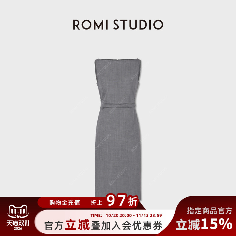Romi Studio Wool Blend Boat Neck Sleeveless Dress Hip-Hugging Skirt Women's Slim Fit Rwdrlg3140