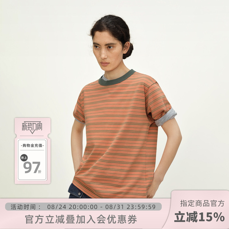 Romi Studio Retro Contrast Stripesd Sand-Washed Texture Round Neck Short-Sleeved T-Shirt for Women Summer Rwdssd1754
