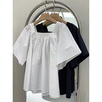 Fat mm plus size womens 300 catties French square collar shirt womens summer pleated short-sleeved fashion loose slimming top