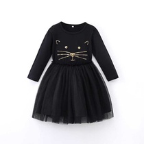 Cross-border hot style black mesh puffy princess dress for girls and foreign trade childrens autumn and winter knitted long-sleeved dress