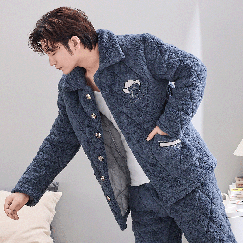 Young Men's Autumn and Winter Coral Velvet Thickened Three-Layer Quilted Pajamas Warm Home Wear Set That Can Be Worn Outside