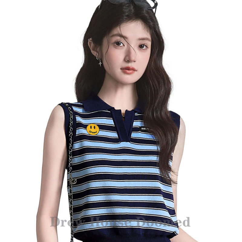 Drew House Doomed Smiley Face Retro Lapel Contrast Color Striped Knitted Vest Summer Slim Fit Short Top Drew House Doomed Smiley Face Retro Lapel Contrast Color Striped Knitted Vest Summer Slim Fit Short Top