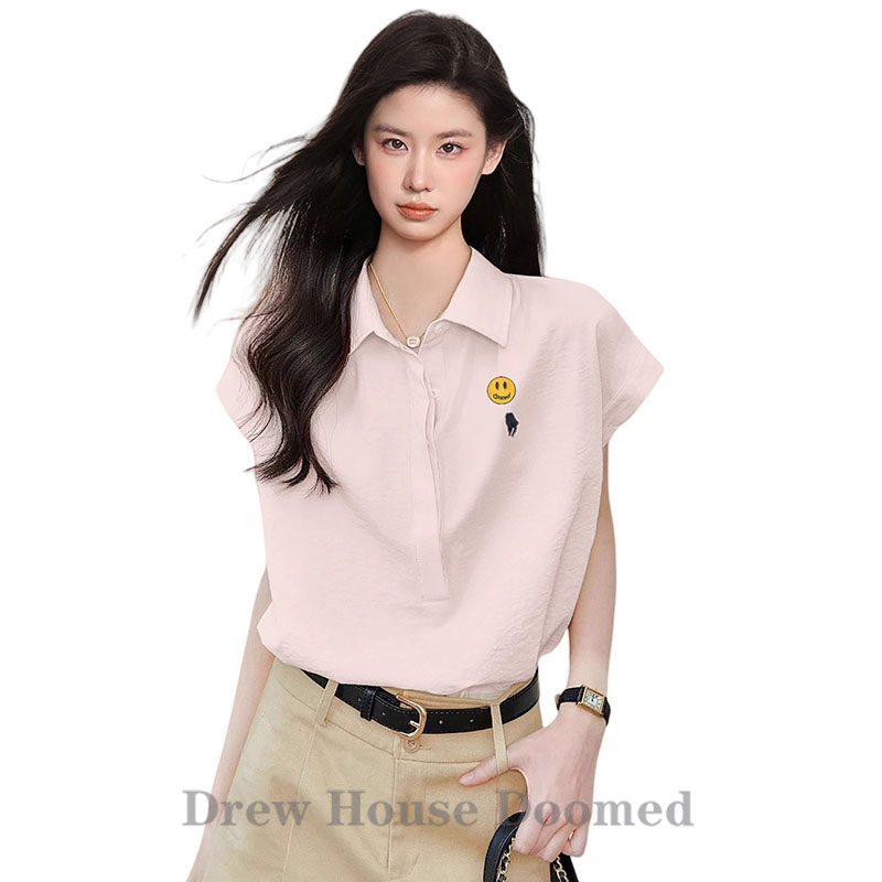 Drew House Doomed Smiley Pink Polo Collar Short-Sleeved Shirt Girls Summer Right Shoulder Shirt Top