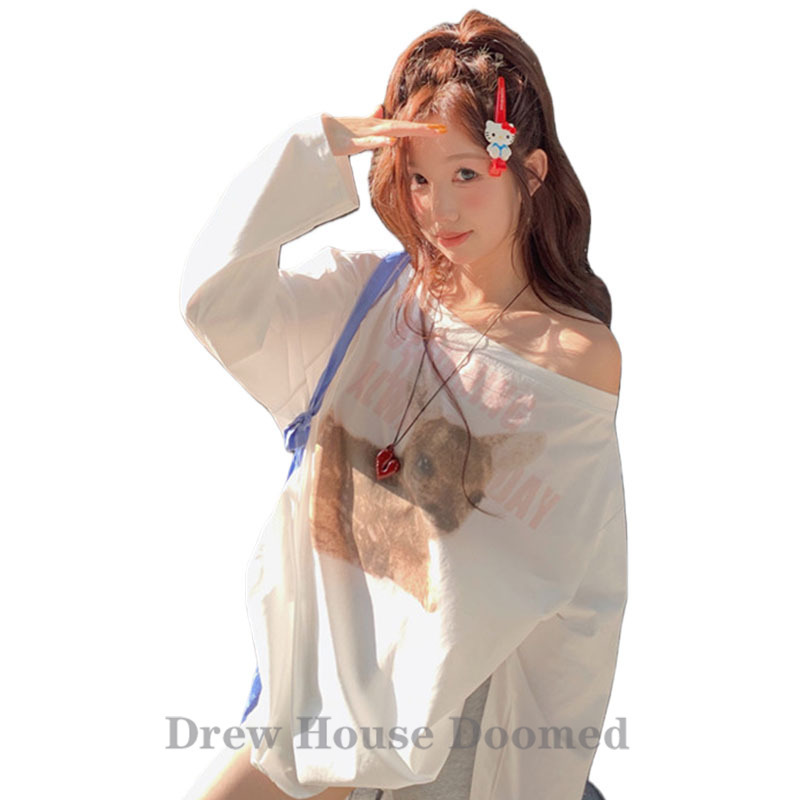 Drew House Doomed Smiley Face Korean Style Off-Shoulder Cartoon Letter Print Sun Protection Shirt Loose Fit Versatile Top
