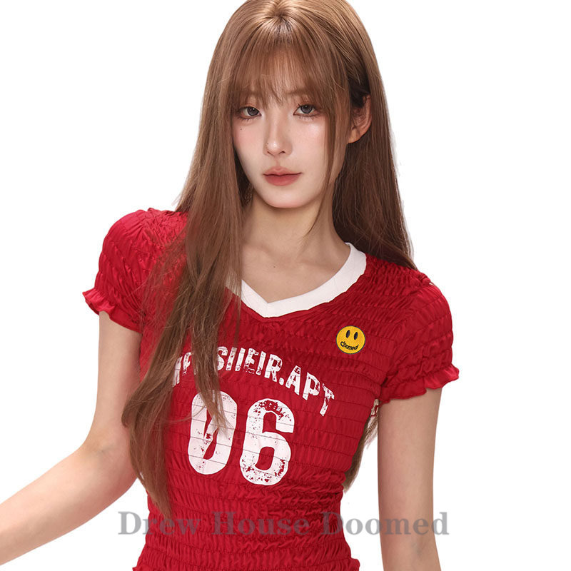 Drew House Doomed Smiling Face American Style Red Ruffled Slim Fit Jersey Women's Summer Short Sleeve Undershirt Drew House Doomed Smiling Face American Style Red Ruffled Slim Fit Jersey Women's Summer Short Sleeve Undershirt