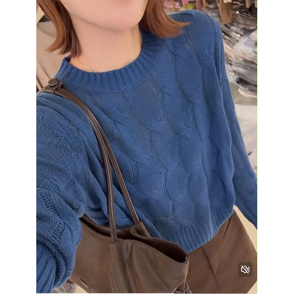 [Blue Full-Body Cable Knit Long-Sleeve] Round Neck Loose Versatile Fashionable Stylish Spring and Summer Knit Sweater