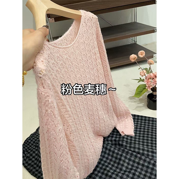 [Pink Wheat Spike Hollow Knit Top] Loose-Fitting, Slimming, Casual, Fashionable, Versatile Sweater