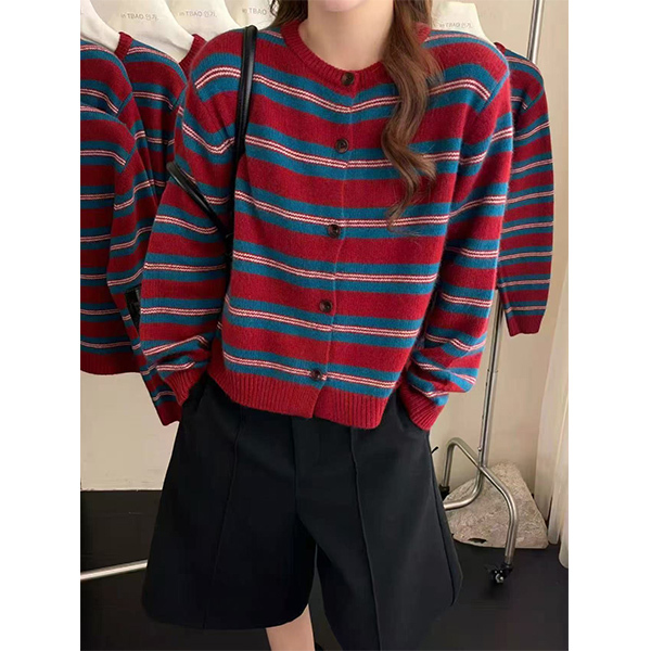 [Red and Blue Striped Cardigan] Knitted Sweater Is Loose, Slimming, Casual, Fashionable and Versatile