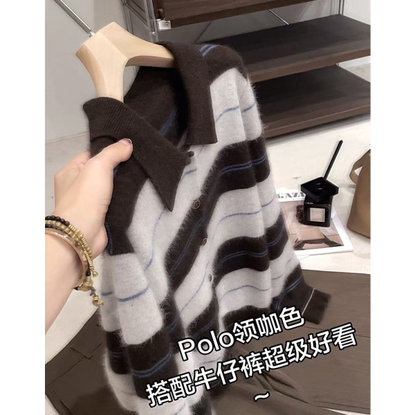 【Coffee-Colored Polo Collar with Gray-Blue Stripes Long Sleeves】 Knitted Sweater, Loose Fit, Slimming, Casual, Fashionable, Versatile Knitwear