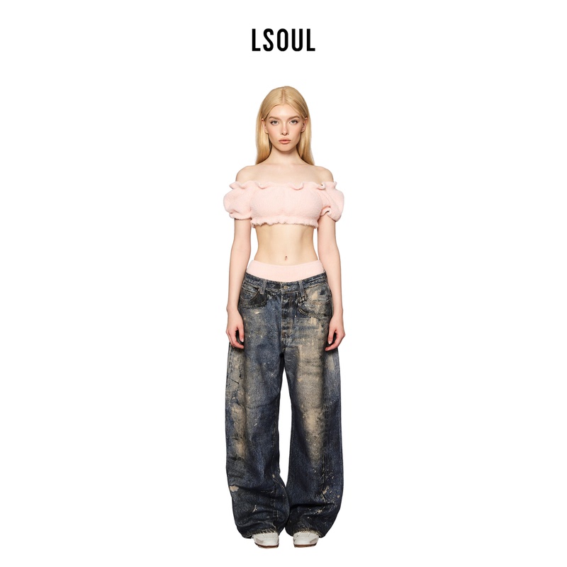 [Same Style as Cai Yilin] Lsoul Retro Loose Straight-Leg Denim Pants with Printed Washed Vintage Effect for Women Yeom