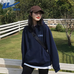 Pull-Back Sweatshirt for Women, Hooded, Thin Style for Spring and Autumn, 2025 New Korean Style, Lazy Style, Navy Blue Top, Early Autumn Jacket