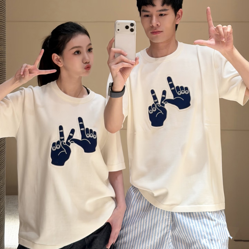 High-End 2026 New American High-Street Fashion Brand Letter Gesture Embroidery Short-Sleeve T-Shirt Knit Top for Men and Women