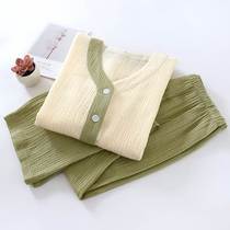 Japanese pajamas for women spring autumn and summer pure cotton gauze double-layer crepe thin long-sleeved cardigan home wear set