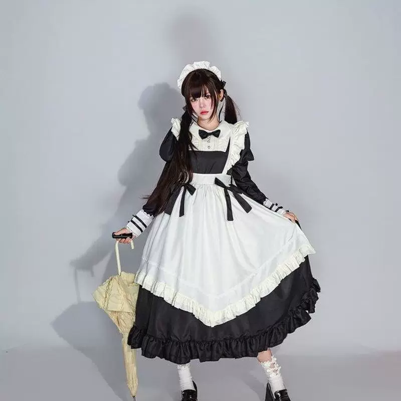 Новый Lolita длинное платье горничной большого размера черное японское кружево наряд горничной для кофе шопа милый японский гардероб горничная