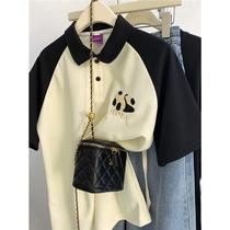 Fat sister summer 2024 new style raglan pure cotton short-sleeved T-shirt womens loose POLO collar fake two-piece top trendy