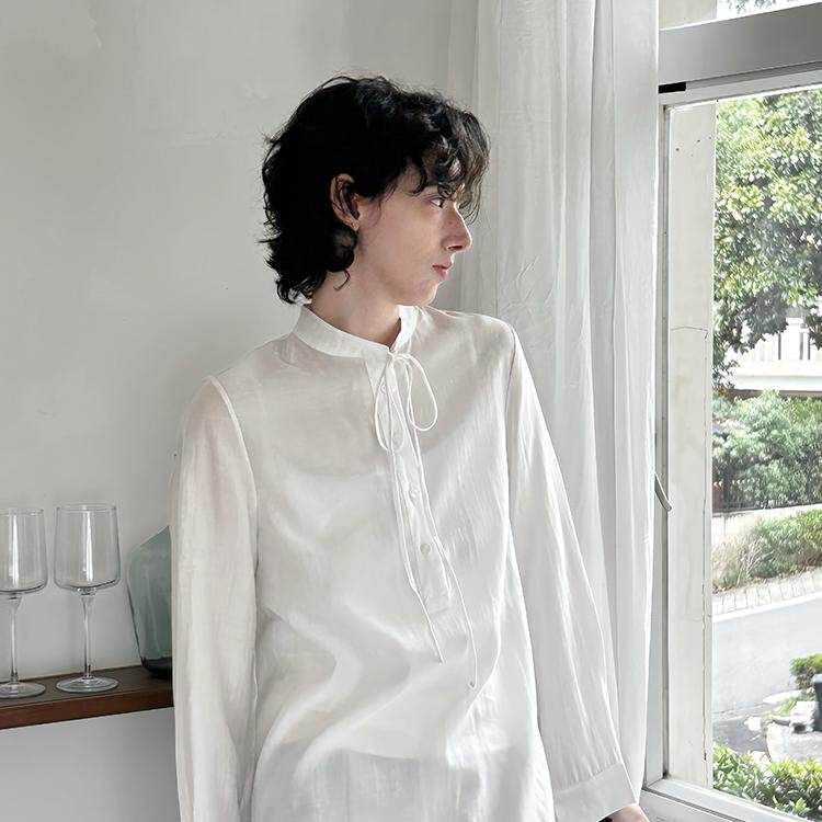 Peur Italian Imported Tencel White Tie-Neck Pullover Stand-Collar Shirt, Slightly Sheer, Loose Fit, Pearlescent, with Drawstring Peur Italian Imported Tencel White Tie-Neck Pullover Stand-Collar Shirt, Slightly Sheer, Loose Fit, Pearlescent, with Drawstring