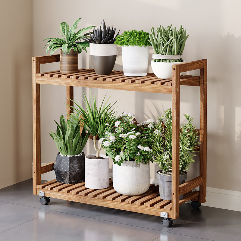 Movable Flower Rack Flower stand balcony storage rack with wheels movable solid wood multi ...