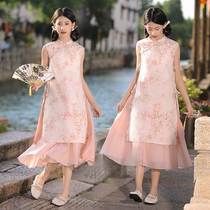 Fat girl cheongsam childrens summer plus size sleeveless dress ancient costume skirt new Chinese Hanfu suit