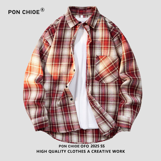 ponchioe2025春季户外流苏格子长袖衬衫男款宽松休闲百搭衬衣-53