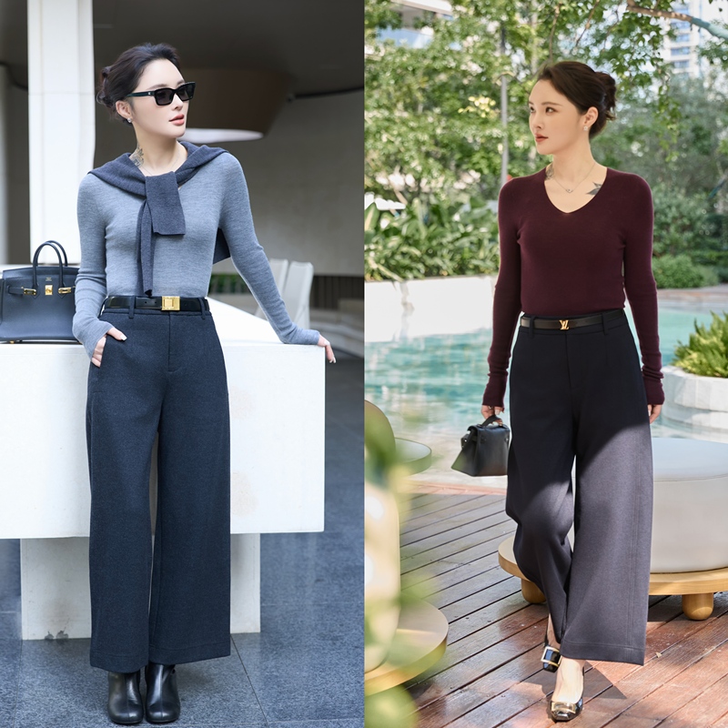 Autumn and Winter Commuter Pants, Light and Mature, Simple Mid-High Waist, Wool Blend, Nine-Point Straight Wide-Leg Pants Cl5941-Sg