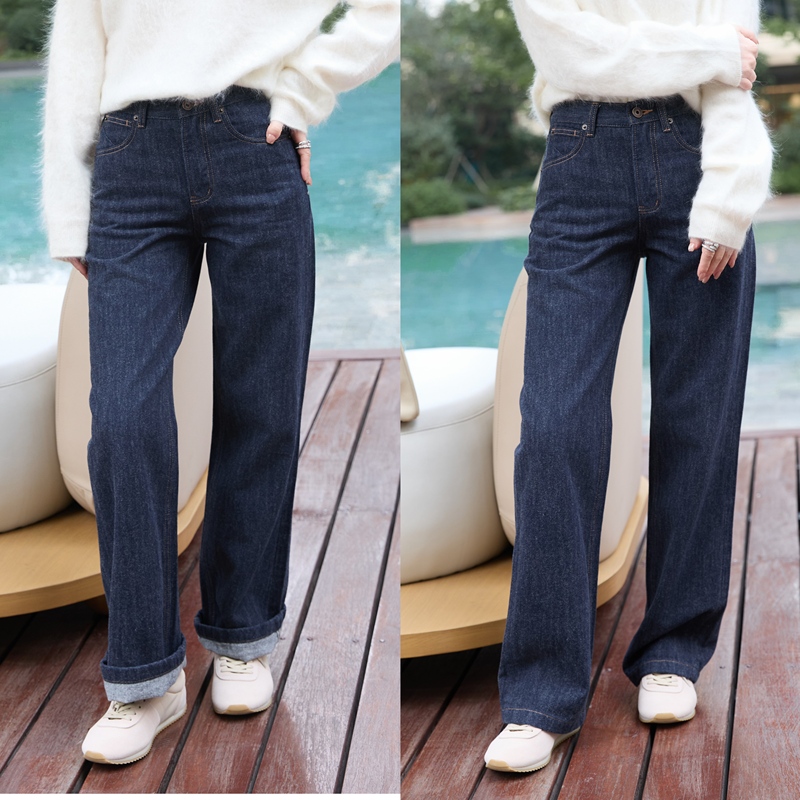 Imported High-Quality Denim Autumn and Winter Wool Cotton Natural Color Mid-High Waist Straight-Leg Jeans Cl5952-As