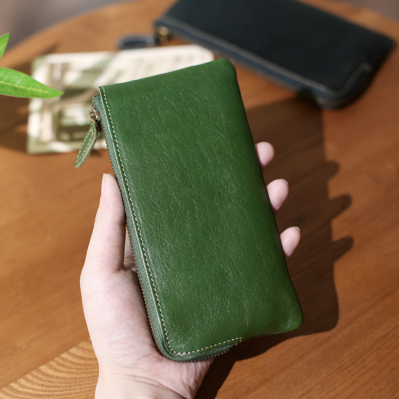 Nanxiayaji Retro Original Genuine Leather Long Wallet for Women, Vegetable-Tanned First-Layer Cowhide Zipper Card Holder
