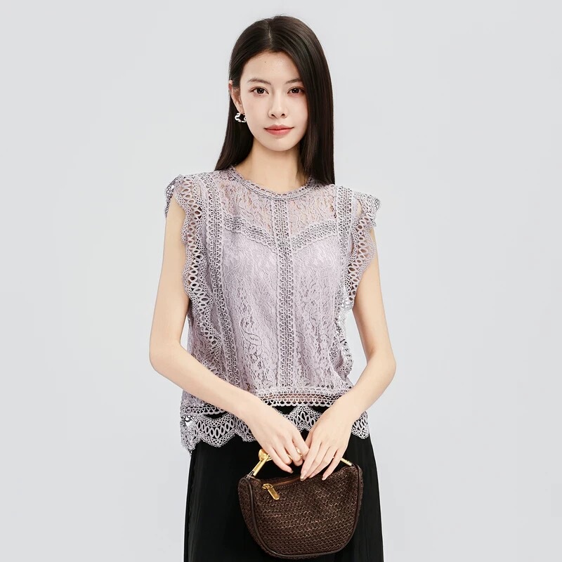 Vieaing Lace Crochet Hollow-Out Wavy Edge Blouse W121102-Original 319 Vieaing Lace Crochet Hollow-Out Wavy Edge Blouse W121102-Original 319