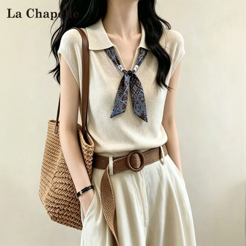 La Chapelle Knitted Polo Collar Short-Sleeved T-Shirt for Women, New Summer Style, Old Money Style, Unique and Beautiful Top with Scarf La Chapelle Knitted Polo Collar Short-Sleeved T-Shirt for Women, New Summer Style, Old Money Style, Unique and Beautiful Top with Scarf