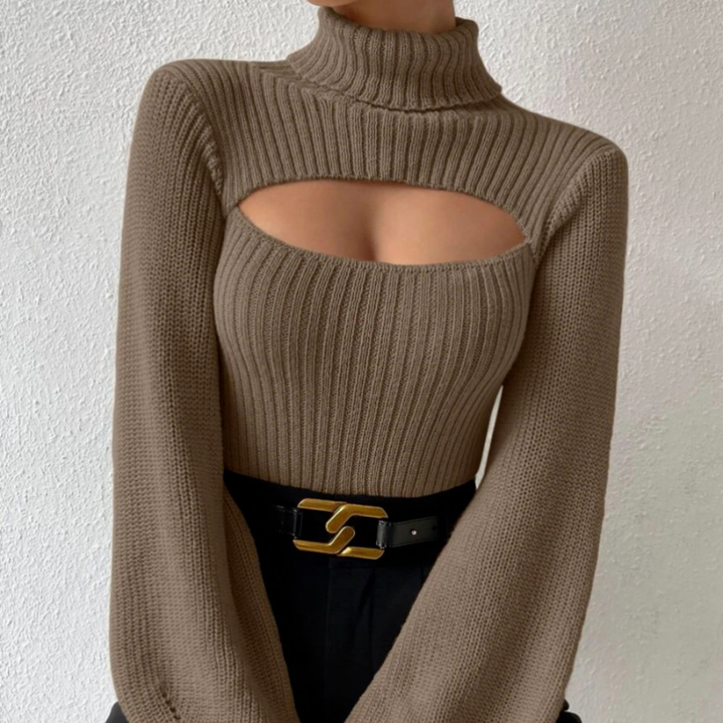 Sweater European and American Style Sexy Cleavage-Revealing Hot Girl Sweater Autumn and Winter Hollow Design High-Neck Slim-Fit Knit Sweater
