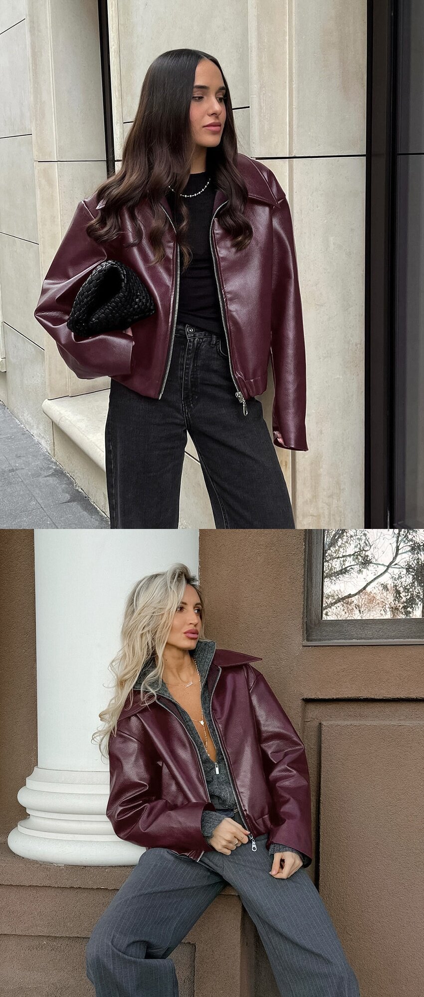 Кожаная куртка 欧美复古机车风酒红色皮衣女时髦哑光皮夹克外套女leather jacket