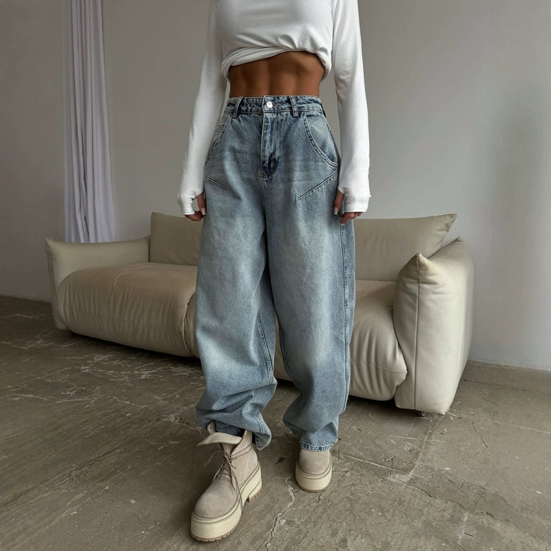 American Retro Low-Waist Non-Stretch Washed Straight-Leg Jeans for Women, Street Style Wide-Leg Denim Pants, Ripped Jeans